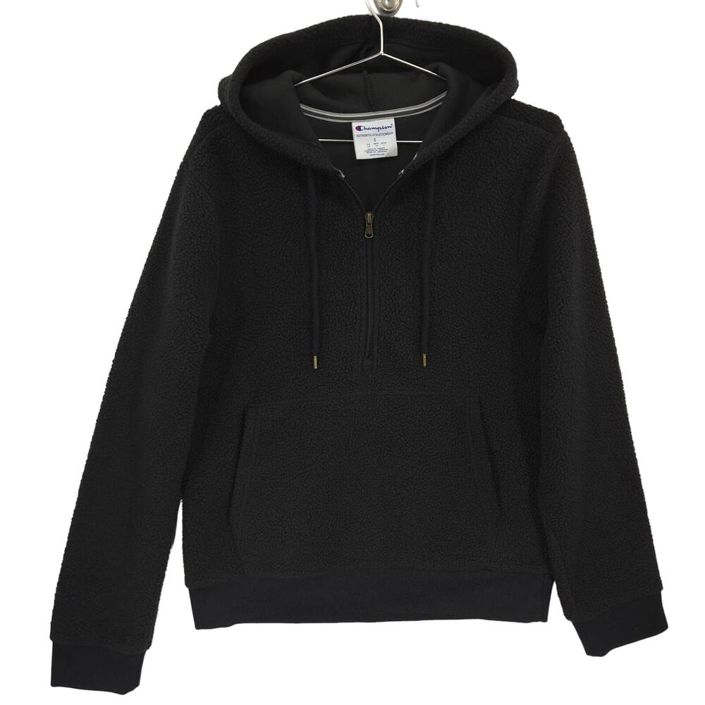 Champion Sherpa Hoodie Mens Small Black Long Sleeve Half Zip Pullover Sweatshirt